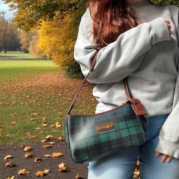 Vintage Polo Ralph Lauren Pebbled Leather Plaid Tartan Equestrian Shoulder Bag - Picture 3 of 12